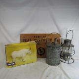 GN lantern, can, Breyer goat & wood sign