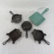 3 mini cast iron pans & 2 ashtrays
