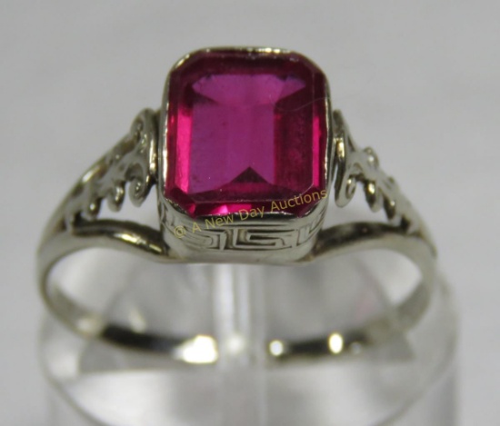 14kt white gold Greek key pattern and ruby ring
