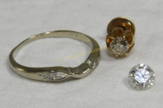 14kt gold wedding band and 1 earring with diamonds