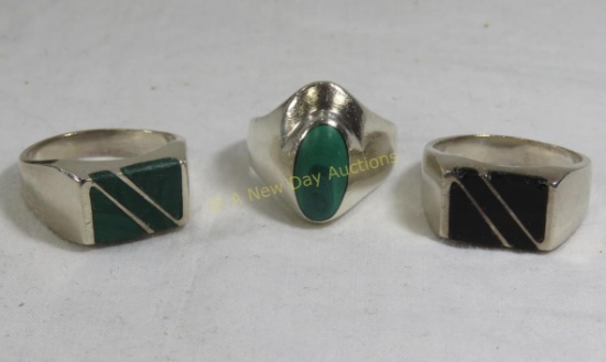 2 Malachite & 1 Onyx sterling silver rings