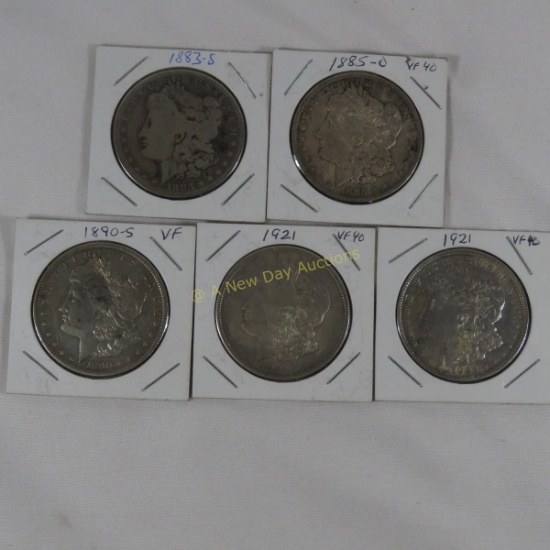 5 Morgan Silver Dollars 1883S, 1885O,1890S, 1921x2