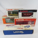 5 Lionel Train Cars with Boxes- log dump, box cars