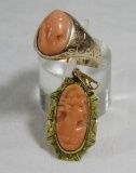 10kt gold carved coral cameo pin and pendant