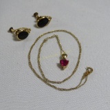 18kt gold earrings and 10kt gold ruby necklace