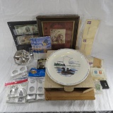Stamps, post office plates, coins & coin flips