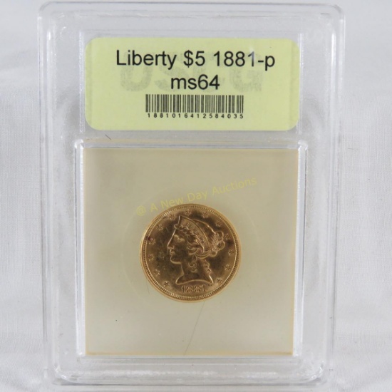 1881 $5 Gold Liberty Head USCG graded ms64