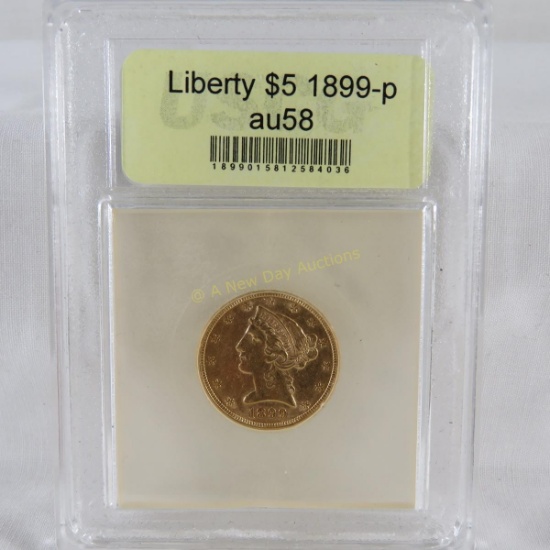 1899 $5 Gold Liberty Head USCG graded au58