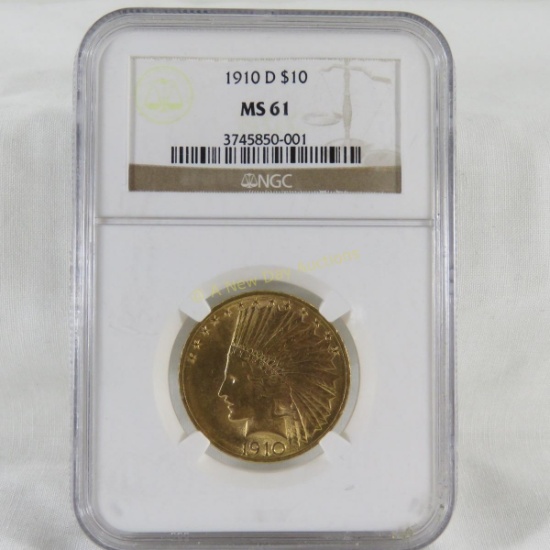 1910 D $10 Gold Indian Head NGC graded MS61