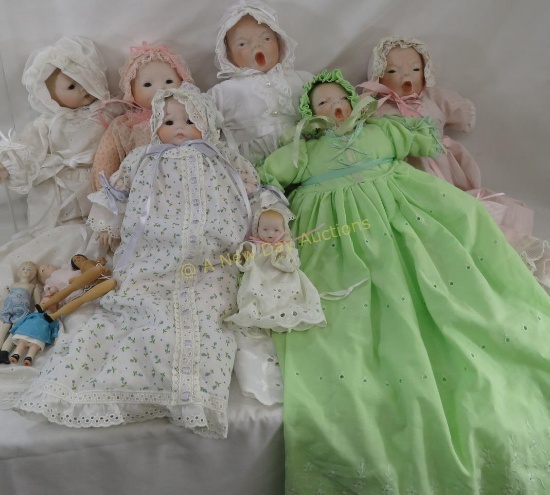 Modern & antique porcelain dolls & 1 wood doll