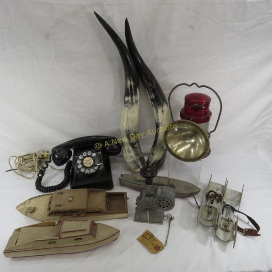 Vintage phone, Lantern, wood boats, horns, etc
