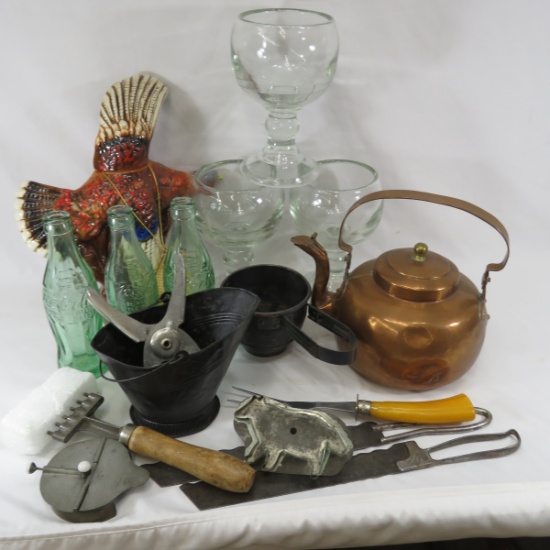 Kitchen items, brass teapot, glasses, and more