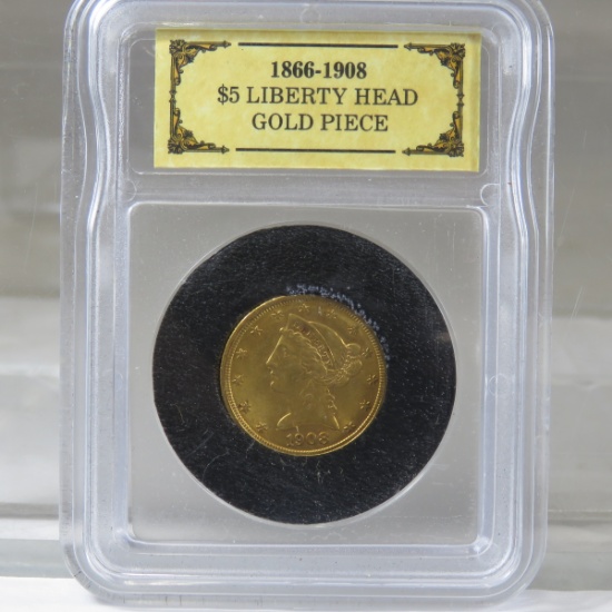 1908 $5 Gold Liberty Head Half Eagle in case