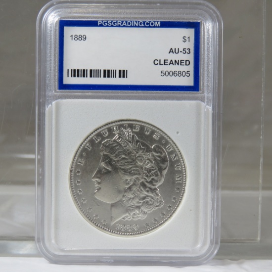 1889 Morgan Silver Dollar PGSGRADING AU-53 cleaned