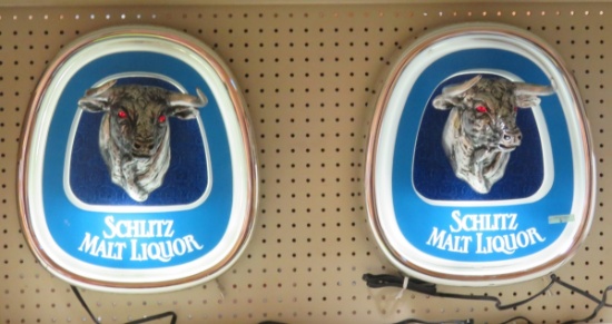 2 Schlitz Malt Liquor Light Up Bull Signs