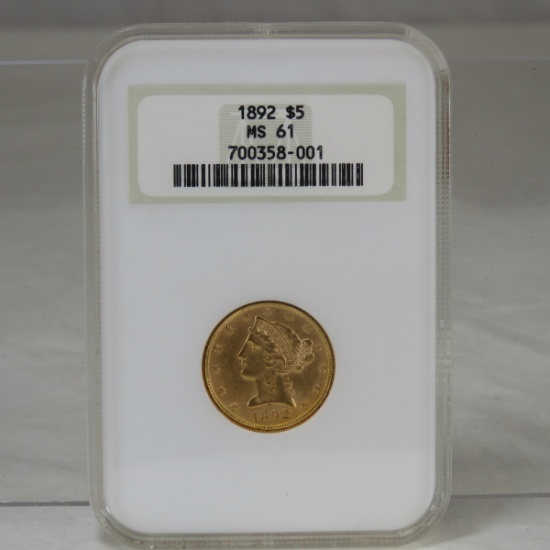 1892 $5 Gold Liberty Head Half Eagle NGC MS61