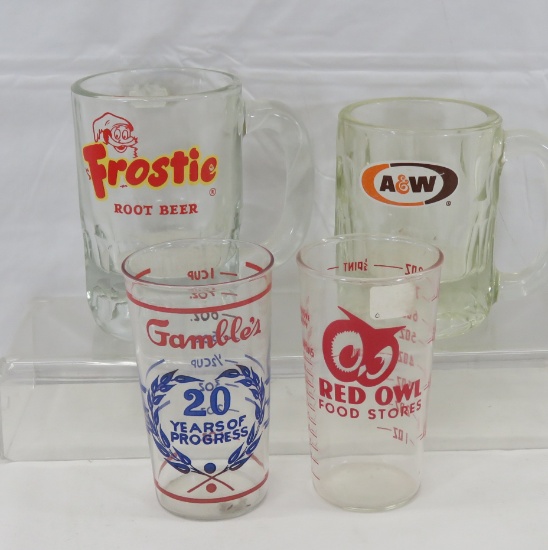 Frostie & A&W mugs, Red Owl & Gambles cups