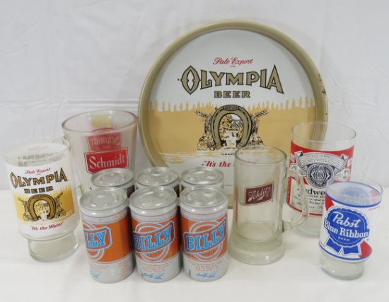 Olympia beer tray & mug, Schlitz, Pabst, Bud