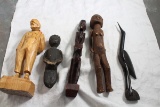 5 Wood Carvings 2 Primitive, 1 with Tag