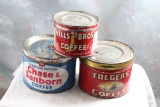 3 Old Advertising Coffee Tins Folgers, Hills