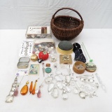 Antique prisms, buttons, basket and sewing notions