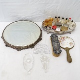 Glass perfume bottles & stoppers, mirror trays