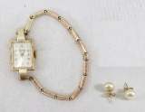 Pearl earrings & Silvana 17 jewel Watch -14kt