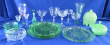 Vintage green depression glass & antique crystal