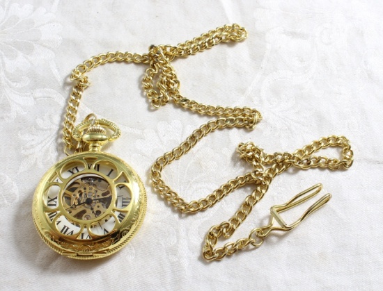 Manual Wind Skeleton Pocket Watch w/chain Works