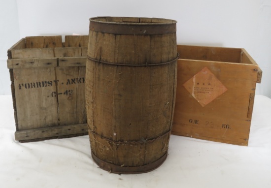 Small wood barrel, fireworks box & other wood box