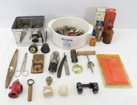 Bottle openers, keys, straight razor, advertising