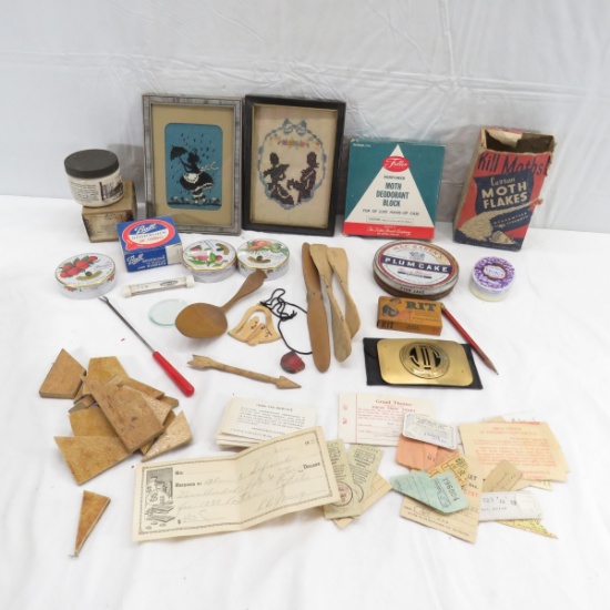 Vintage needlework, candy tins, wood parts & more