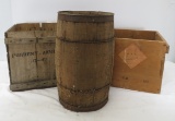 Small wood barrel, fireworks box & other wood box