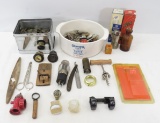 Bottle openers, keys, straight razor, advertising