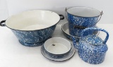 Blue Enamel Basin, Pail, Tea Pot, Plate, Bread