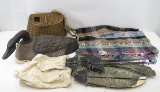 Fishing Creel, Rug, Paper Goose Decoy Head, Decoys