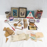 Vintage needlework, candy tins, wood parts & more