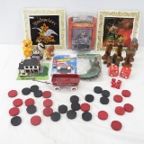 Toys, carnival prize mirrors, wooden figures