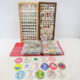 Pinbacks & Tac Pins- some mounted in frames