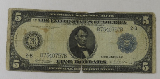 1914 $5 Dollar Federal Reserve Note Bank of NY