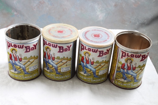 4 Plow Boy Tobacco Tins 8 oz Size, 2 with Lids