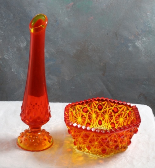 Amberina Glass Bowl & Swung Vase