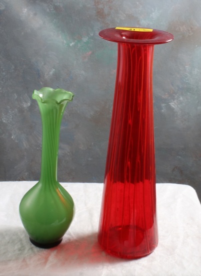 2 MCM Hand blown Art Glass Vases Red Thread, Green