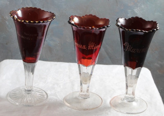 3 Ruby Flash Glass Souvenir Trumpet vases