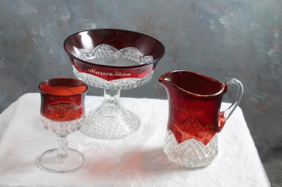 3 Ruby Flash Glass Souvenir Pieces from Minnesota