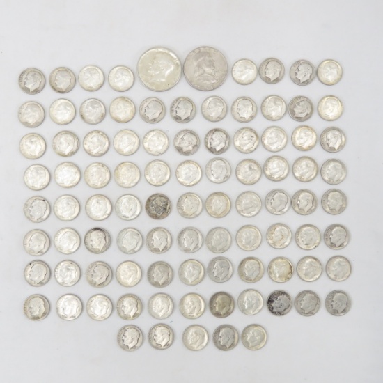 $10 Face Silver-90 Dimes,Franklin & Kennedy Halves