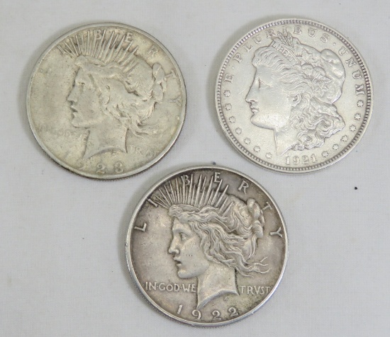 1921 Morgan, 1922 S & 1923 S Peace Silver Dollars