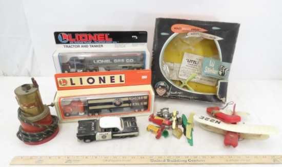 Thimble Drome plane, friction car, Lionel semi's