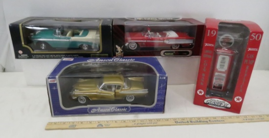 3 Diecast 1:18 scale Cars & Gas Pump in boxes