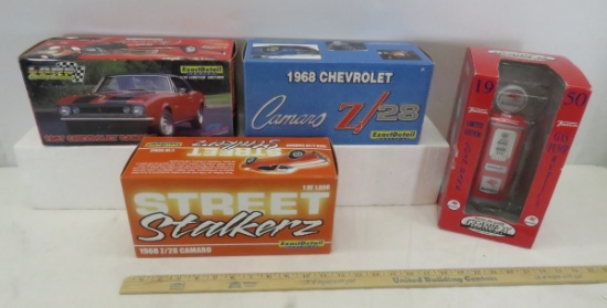 3 Diecast Car Models & gas pump in boxes